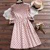 Niebieski Różowy Polka Dot Drukowane Kawaii Słodka Sukienka Jesień Kobieta Vintage Vestidos Kobiety Stojak Kołnierz Ruffles Długie Rękaw Suknie 210520