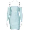 Casual Dresses Sexy Strapless Woman Dress Off Shoulder Long Sleeve Autumn Ruched Bodycon Backless Blue Vestidos Party