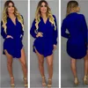 Women Solid Chiffon Blouse Shirt Mini Dress Pocket V Neck Casual Loose Long Sleeve Blouse Tops Summer Beach Wear Cover Up Dress Y1006