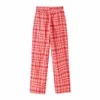Kvinnor Retro Röd Plaid Suit Pants Casual High Waist All-Match Drawstring Straight Fashion Trousers 210531