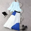 Spring Fashion Runway Designers Women Suit Solid Blue Blouse and Pleated Midi Skirt Suit Elegant Lady Party Office Twinset 210601