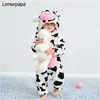 0-4 jaar baby kawaii romper jongen meisje kigurumis onesie winter warm gezellig pak dier koe kostuum huis jumpsuit kind grappige kleding 210816