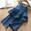 Set di abbigliamento per ragazze estive Giacca di jeans coreana con bretelle Top + pantaloni a gamba larga 2 pezzi Vestiti per bambini per bambini 210625