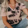 Summer Tie-dye Loose Printing Women T Shirt V-neck Fashion Oversized T Shirt Hit Color All-match Casual Tee Shirt Femme 210608