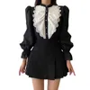 Kvinnor Chiffon Vintage Lolita Style Spliced ​​Ruffled Shirt O-Neck Pleated Lace Princess Long-Sleeves B3069 210514