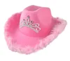 Breda randhattar västerländsk stil kvinna flicka ljus upp blinkande krona rosa tiara cowgirl hatt cowboy cap kostym fest med nacke dragsko filt%
