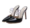 New Gold Patchwork Transparent PVC Strap Rivet Pointed Toe Stiletto Heels Mules Luxury Designer Shoes Size 35 To 40 8812