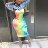 Tie Dye Slip Baklösa Sexiga Sommar Höst Kvinnor Mode Hög Midja Slim Party Elegant Bodycon Midi Dress 210607