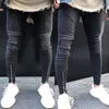 Calças masculinas skinny slim fit reto rasgado destruído angustiado zíper estiramento joelho remendo jeans294c