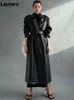 Lautaro Autumn Long Oversized Black Faux Leather Trench Coat for Women Long Sleeve Belt Double Breasted Loose Fashion 211204