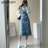 Kadın Yüksek Bel Sahte İki Parçalı Denim Elbise Kadın İlkbahar Sonbahar Uzun Kollu Maxi Elbiseler OL Patchwork Gömlek Vestido 210601