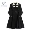 Zwart vintage jurk lantaarn lange mouw metalen revers knop ontwerp dikke party straat elegante Koreaanse retro een lijn slanke dame 210515