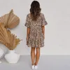 Soolasea 2021 été Style femmes Mini robe léopard été imprimé volants à manches courtes col en V fête douce robe de plage Vestidos X0521
