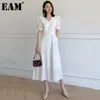 [EAM] Kobiety Biały Wzburzyć Szczupła Elegancka Dress V-Neck Krótki rękaw Puff Luźne Fit Fashion Spring Summer 1DD7321 21512