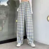 Kvinnors Check Wide Leg Plaid Byxor Hög Elastisk Midja Lösa Byxor För Tjejer Kläder 2XL Sommar Streetwear Kläder Lady 210925