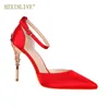 Dress Shoes Metal High Heel Women Silk Ankle Strap Wedding Stiletto Heels Pumps Pointed Toe Party