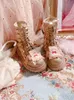 Botas Womens Round Toe Lace Ankle Chunky Heel Bear Shoes DIY Lolita Doce Princesa Meninas X Mas Presente