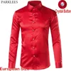 Mäns Silk Satin Klänning Skjorta Slim Fit Silk Casual Bröllop Brudgummen Party Långärmad Rynka Free Tuxedo Shirts Chemise Homme Red 210522