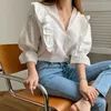 Koreanska retro eleganta blusar Kortärmad Kvinnor T-shirts Vitskjorta för kvinnor Bomull Hollow Out Vacker 13500 210427