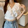Ezgaga ruffles Корейская мода женская блузка V-образным вырезом слойки с коротким рукавом лето шикарный твердый свободные белые рубашки повседневная урожайные вершины 210430