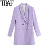 TRAF femmes mode bureau porter Double boutonnage Blazer manteau Vintage à manches longues poches à rabat vêtements de dessus pour femmes Chic hauts X0721