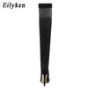 EILYGEN Mode Runway Crystal Stretch Stof Sok Laarzen Pointy Teen Over-The-Knee Hak Dij Hoge Puntige Teen Vrouw Boot 210911