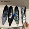 SUOJIALUN New Fashion Pointed Toe Flats Shoes Brand Serpentine Pattern Ballet Flat Shallow Ballerina Slip On Casual Loafer Stylish