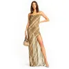 PROPCM Snake Print Chiffon Dress Sexig Kvinnor Lång Party Slip Maxi Sheer Strap Baklösa Slit Elegant See Genom Dressesvocation