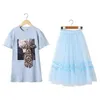 Frühling Teenager Mädchen 2-tlg Sets Bogen T-shirt + Gaze Rock Süße Stil Kinder Outwear Kleidung E9679 210610