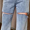 Rippade jeans kvinnor lösa raka snitt ruttna höga midjabyxor var tunna breda ben 100% bomull mopp byxor 210322
