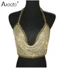 AKYZO Women Backless Luxury Camis Crop Top Fashion Chunky Metal Chain Diamond Hollow Out Plunge Halter Tank Tops 210326