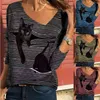 Vår Höst Casual Rolig Gullig katt 3D Tryckta Toppar Kvinnor Långärmad V Neck Stripe T Shirt Lady Street Hipster Loose Pullovers 210720