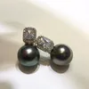 Stud Real 925 Sterling Silver Black Pearl Boucles d'oreilles pour les femmes, Big Natural Tahiti Wedding Bride Jewelry