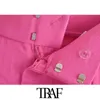Traf女性シックなファッションサイドポケットワイドレッグパンツヴィンテージハイウエストジッパーフライ女性ズボンMujer 211124