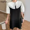 Arbeitsstil OL Lose 2 Stück Frauen Set Peter Pan Kragen Kurzarm Solide Bluse + Hohe Taille Hüfte A-Linie Kleid Sommeranzug 210422