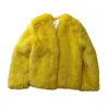 Winter V neck Hairy Shaggy Yellow Faux fox Fur Coat Long sleeve ry Women Jacket Short Outerwear 210429