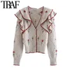 Women Fashion Floral Embroidery Ruffled Knitted Cardigan Sweater Vintage Long Sleeve Female Outerwear Chic Tops 210507