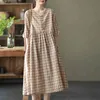 Johnature Women Vintage Shirt Dresses O-Neck Short Sleeve Button Robes Cotton Linen Summer Loose Girl Polka Dot Dress 210521