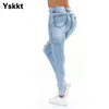 Jeans kvinna hög midja rakt skinny stretchy byxa streetwear kvinnor brev skriv ut hål tvättade denim penna pants byxor 210623