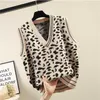 Maglione lavorato a maglia con motivo leopardato con scollo a V Gilet donna senza maniche allentato Moda maglione corto pullover Donna Primavera Autunno 211009