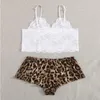 Pijamas Kvinnor Set Leopard Print Sexig Pajama För Kvinnor Underkläder Sleepwear Kvinnor Kvinnor Nightdress Passar Lace Nightwear Underwear Q0706