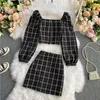Plaid Tracksuit Women 2 Two Piece Set Casual Short Top Shirts+ Mini Skirt Matching Sets Outfits 211108