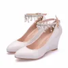 Women Shoes Wedge High Heels Pointed Toe Office Wedding Party Spring Autumn White Bridal Pumps Pearl Diamond Chain