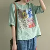 夏の芸術のスタイルの女性半袖緩い背中の弓ティーシャツフェムムコットンリネントップスパッチワークプリントTシャツプラスサイズM139 210512