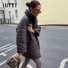 Jryyt Pu Couro Oversized Casacos Belted Mulheres Botão de Inverno Algodão Algodão Parkas Mujer Escritório Lady Jackets Femme 210923