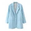 Eleganta kvinnor Sky Blue Blazer Office Ladies Pocket Jackor Casual Kvinna Full Sleeve Passar Flickor Chic Sets 210430