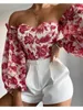 Fashion Euro Off Shoulder Elegant Tops Floral Shirt For Womens Ruffled Asymmetrical Solid Color Puff Sleeve Ladies Blouses Top