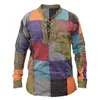 Men's T-Shirts Men Shirt Patchwork Lace Up Vintage Colorful Long Sleeve Autumn Top For Daily Wear