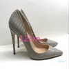 Neue Stil Sexy schlanke graue Serpentinenspitze Schuhe mit hohen Absätzen Flachmund-Einzelschuhe Damen mit feinen Absätzen 12 cm Mode flach