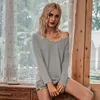 Vrouwen T-shirts Herfst Sexy V-hals Off Schouder Lange Mouwen Effen Kleur Tshirts Vrouwelijke Toevallige Losse Basic Tee Shirt Vestidos 210526